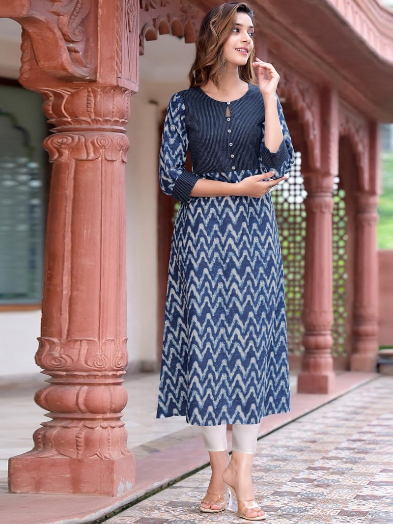 Yash Gallery Women's Cotton Chevron Kantha A-line Indian Calf Length 3/4 Sleeves Kurtis Dresses (Blue) - Image 2